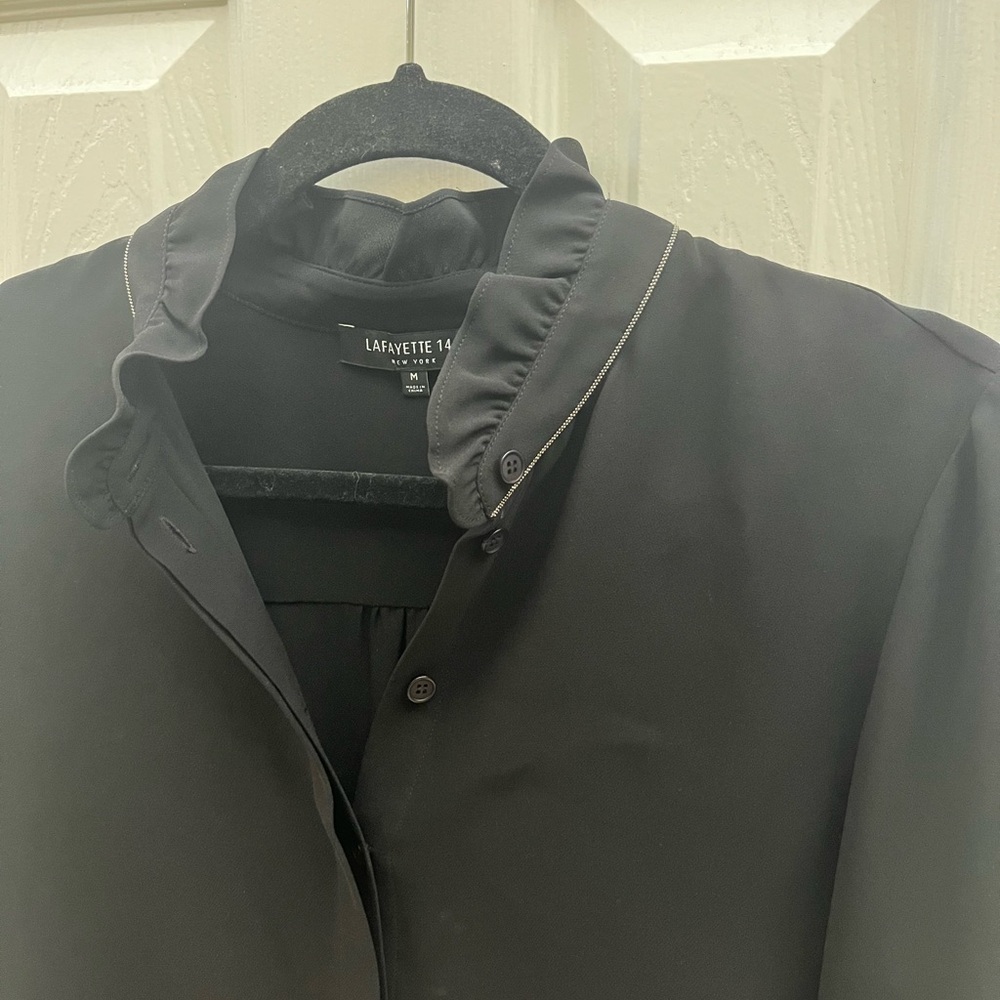 lafayette 148 New York Blouse Black Size M Silk silver collar detail - Picture 3 of 11
